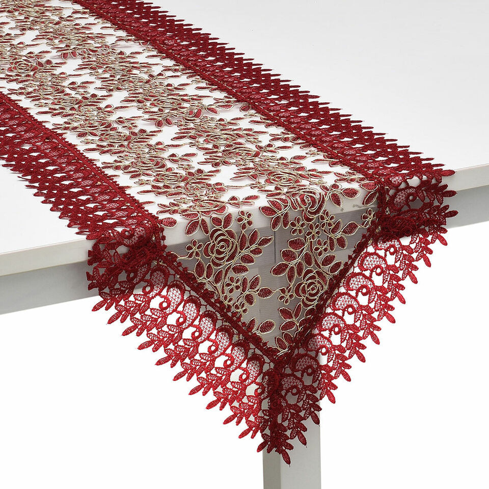 Table Runner 72 Inch Wine Flower Embroidered Pattern Polyester Lace Table Decor